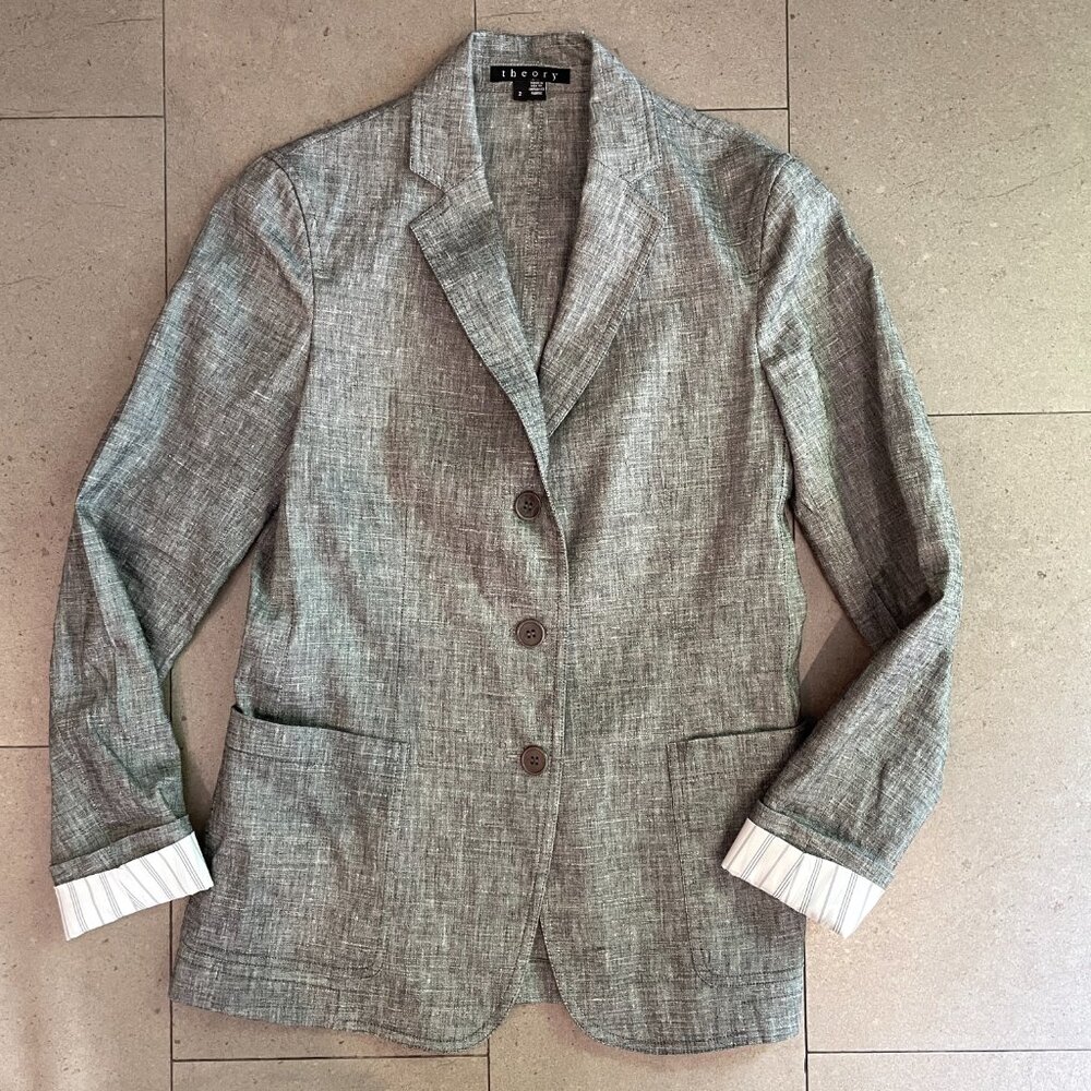 Theory Minou T Linen Blend Blazer Sharkskin Crunch-Black/Ivory-2